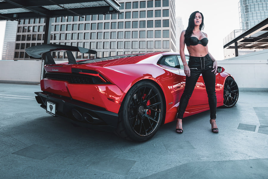 A 2016 Lamborghini Huracan on 20 Inch Blaque Diamond BD-F18 Gloss Black Wheels