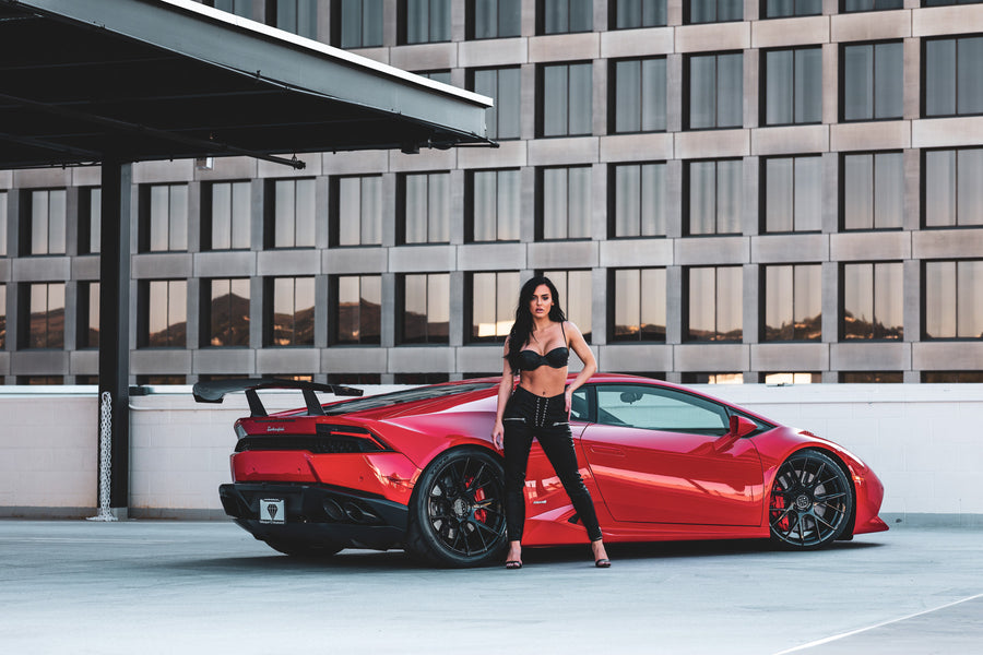A 2016 Lamborghini Huracan on 20 Inch Blaque Diamond BD-F18 Gloss Black Wheels