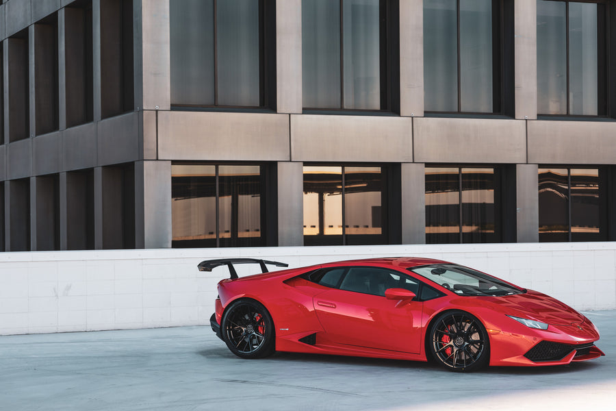 A 2016 Lamborghini Huracan on 20 Inch Blaque Diamond BD-F18 Gloss Black Wheels