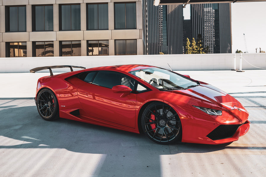 A 2016 Lamborghini Huracan on 20 Inch Blaque Diamond BD-F18 Gloss Black Wheels