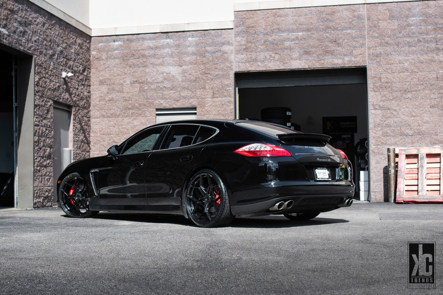A 2016 Porsche Panamera 4S on 20 Inch Blaque Diamond BD-F25 Gloss Black Wheels