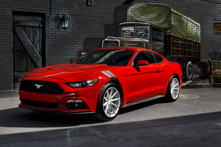 A 2017 Ford Mustang on Blaque Diamond BD-11 Gloss Silver Wheels