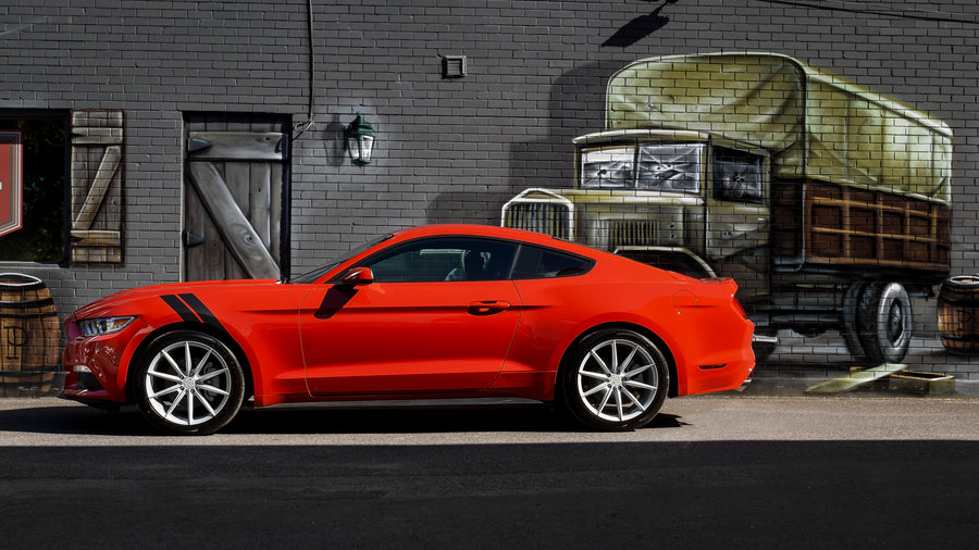 A 2017 Ford Mustang on Blaque Diamond BD-11 Gloss Silver Wheels