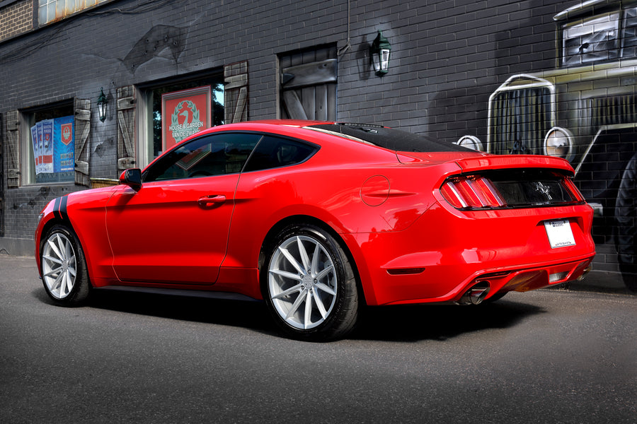 A 2017 Ford Mustang on Blaque Diamond BD-11 Gloss Silver Wheels