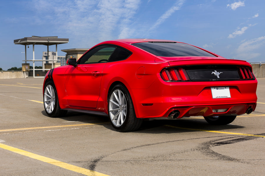 A 2017 Ford Mustang on Blaque Diamond BD-11 Gloss Silver Wheels