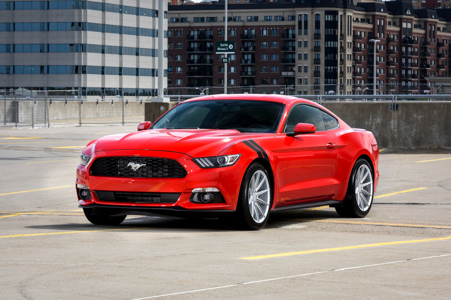 A 2017 Ford Mustang on Blaque Diamond BD-11 Gloss Silver Wheels