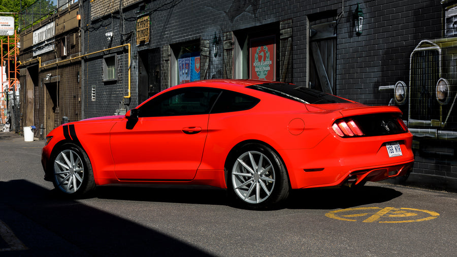 A 2017 Ford Mustang on Blaque Diamond BD-11 Gloss Silver Wheels