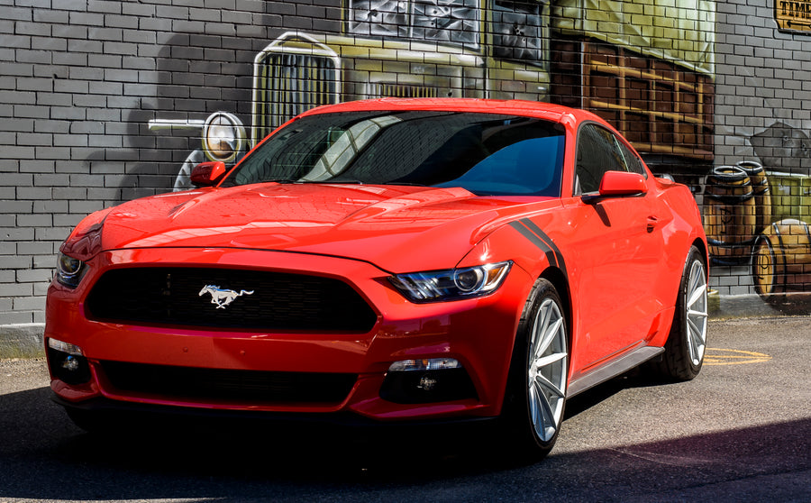 A 2017 Ford Mustang on Blaque Diamond BD-11 Gloss Silver Wheels