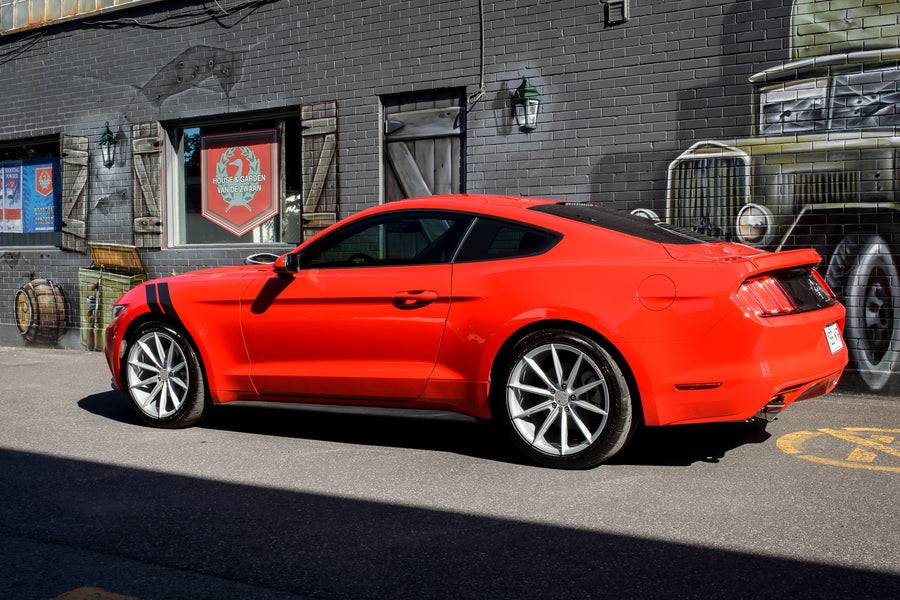 A 2017 Ford Mustang on Blaque Diamond BD-11 Gloss Silver Wheels