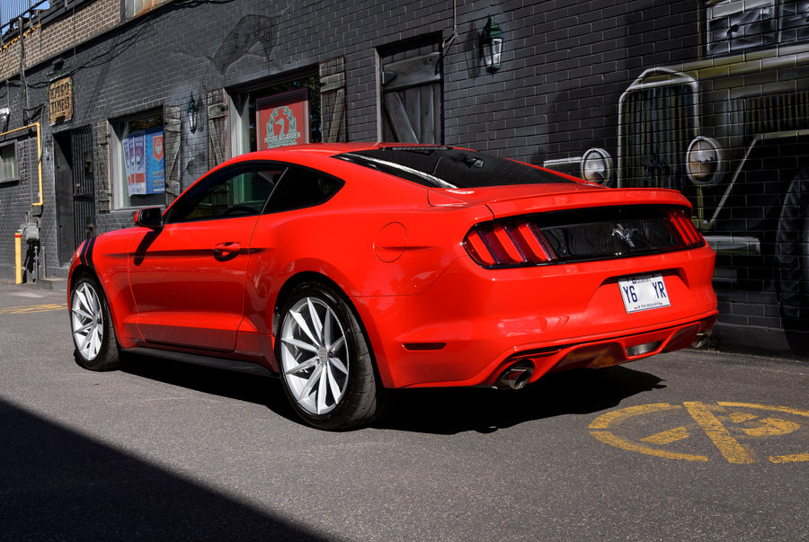 A 2017 Ford Mustang on Blaque Diamond BD-11 Gloss Silver Wheels