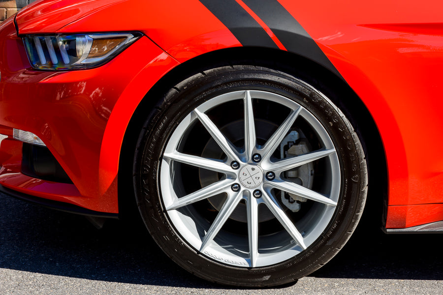 A 2017 Ford Mustang on Blaque Diamond BD-11 Gloss Silver Wheels