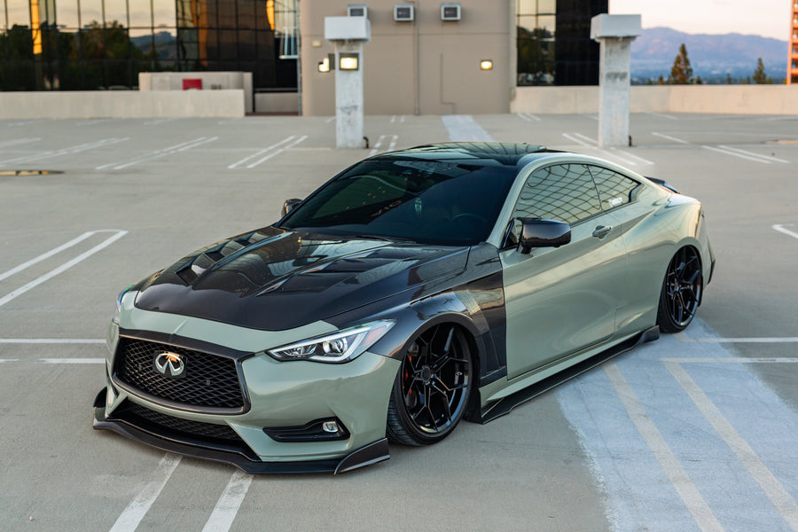Dark Khaki Green 2017 Infiniti Q60 on Blaque Diamond BD-F25 Gloss Black Wheels