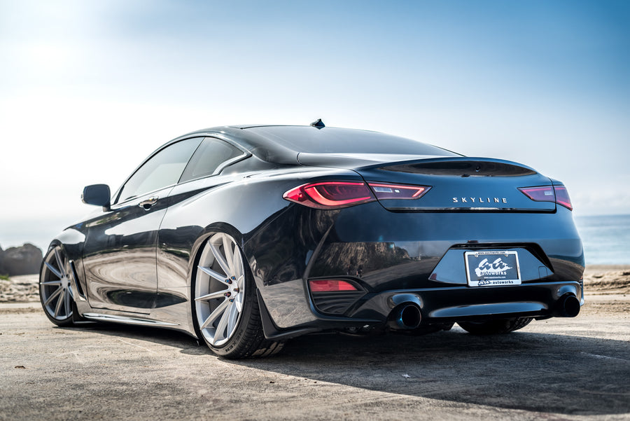 A 2017 Infinity Q60 on 20 Inch Blaque Diamond BD-11 Frozen Silver Wheels