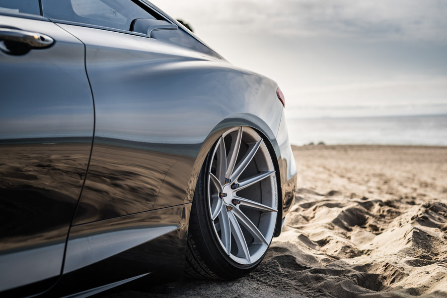 A 2017 Infinity Q60 on 20 Inch Blaque Diamond BD-11 Frozen Silver Wheels