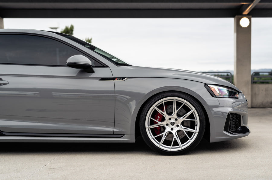 A 2018 Audi RS5 on 20 Inch Blaque Diamond BD-F18 Brushed Silver Wheels