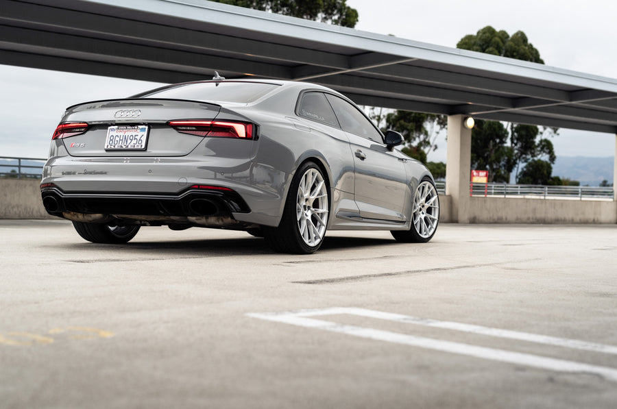 A 2018 Audi RS5 on 20 Inch Blaque Diamond BD-F18 Brushed Silver Wheels