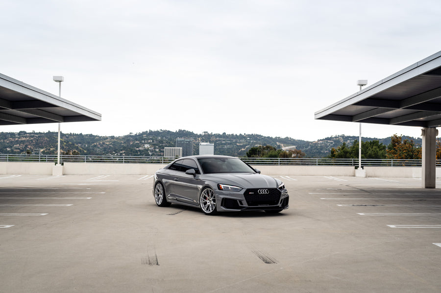 A 2018 Audi RS5 on 20 Inch Blaque Diamond BD-F18 Brushed Silver Wheels