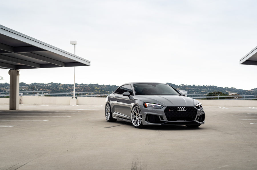 A 2018 Audi RS5 on 20 Inch Blaque Diamond BD-F18 Brushed Silver Wheels