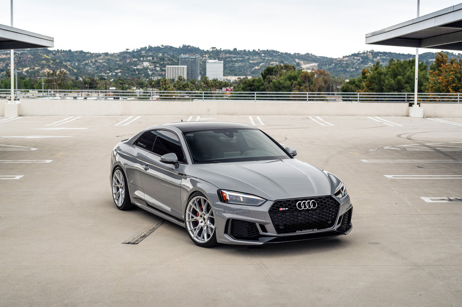 A 2018 Audi RS5 on 20 Inch Blaque Diamond BD-F18 Brushed Silver Wheels
