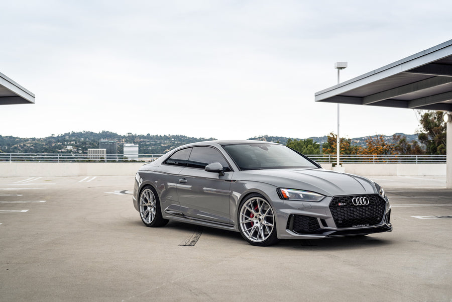 A 2018 Audi RS5 on 20 Inch Blaque Diamond BD-F18 Brushed Silver Wheels