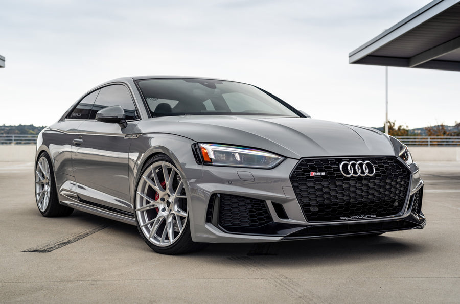 A 2018 Audi RS5 on 20 Inch Blaque Diamond BD-F18 Brushed Silver Wheels