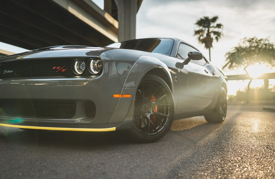 A 2018 Dodge Challenger RT on 20 Inch Blaque Diamond BD-F18 Gloss Black Wheels