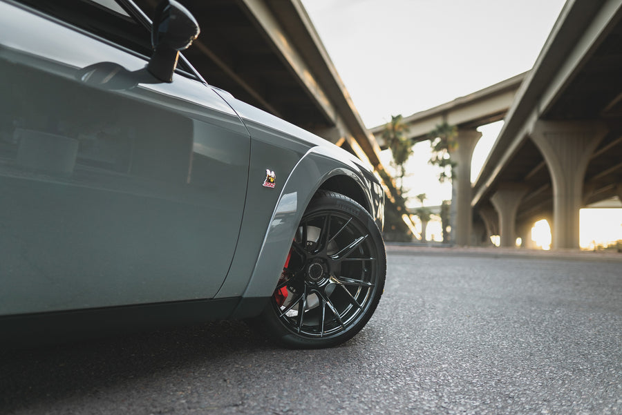 A 2018 Dodge Challenger RT on 20 Inch Blaque Diamond BD-F18 Gloss Black Wheels