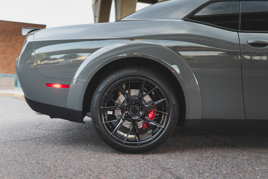 A 2018 Dodge Challenger RT on 20 Inch Blaque Diamond BD-F18 Gloss Black Wheels