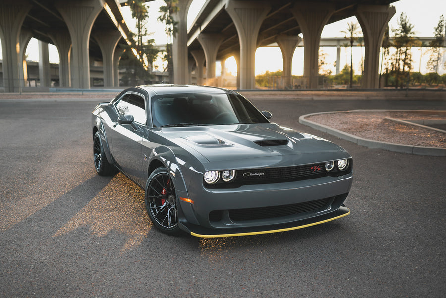 A 2018 Dodge Challenger RT on 20 Inch Blaque Diamond BD-F18 Gloss Black Wheels