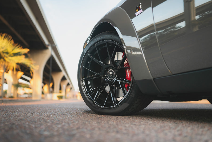 A 2018 Dodge Challenger RT on 20 Inch Blaque Diamond BD-F18 Gloss Black Wheels