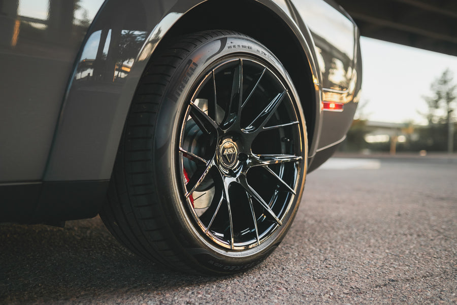 A 2018 Dodge Challenger RT on 20 Inch Blaque Diamond BD-F18 Gloss Black Wheels