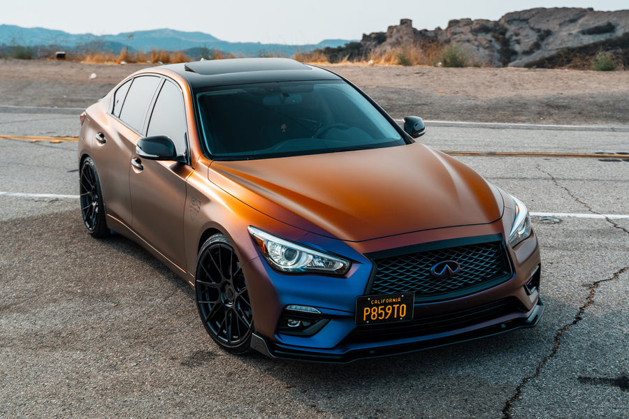 A 2018 Infiniti Q50 on Blaque Diamond BD-F18 Gloss Black Wheels