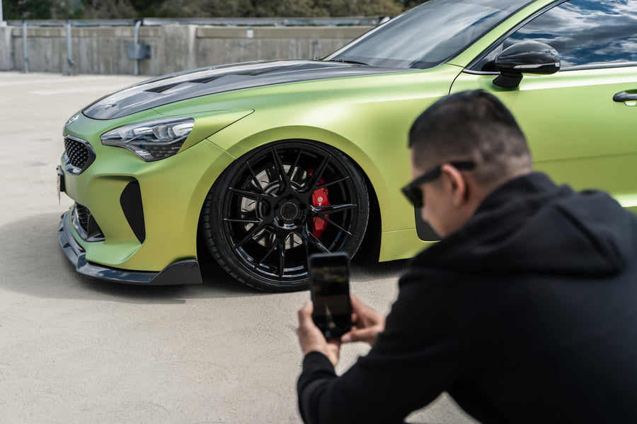 A 2019 Bagged Kia Stinger GT on 20 Inch Blaque Diamond BD-F18 Gloss Black Wheels