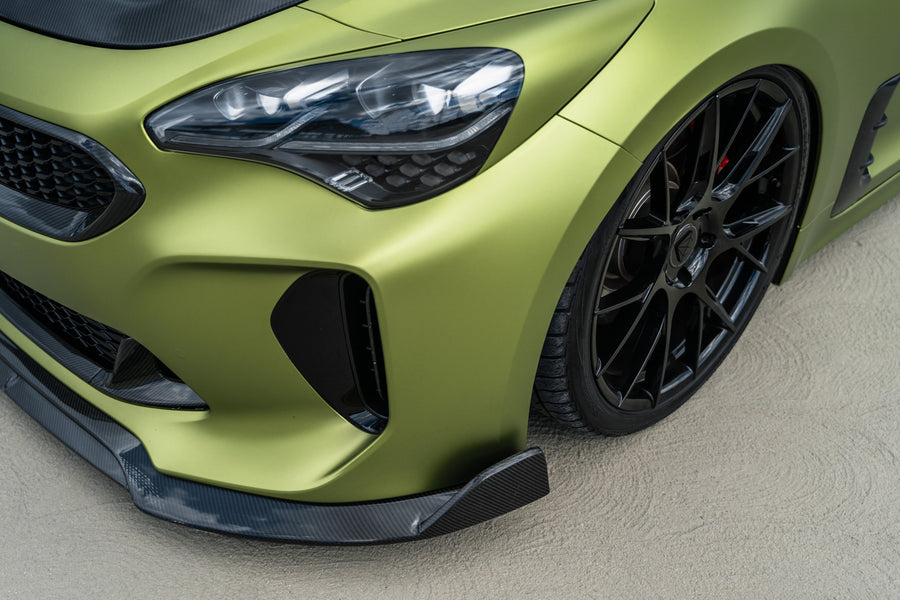 A 2019 Bagged Kia Stinger GT on 20 Inch Blaque Diamond BD-F18 Gloss Black Wheels