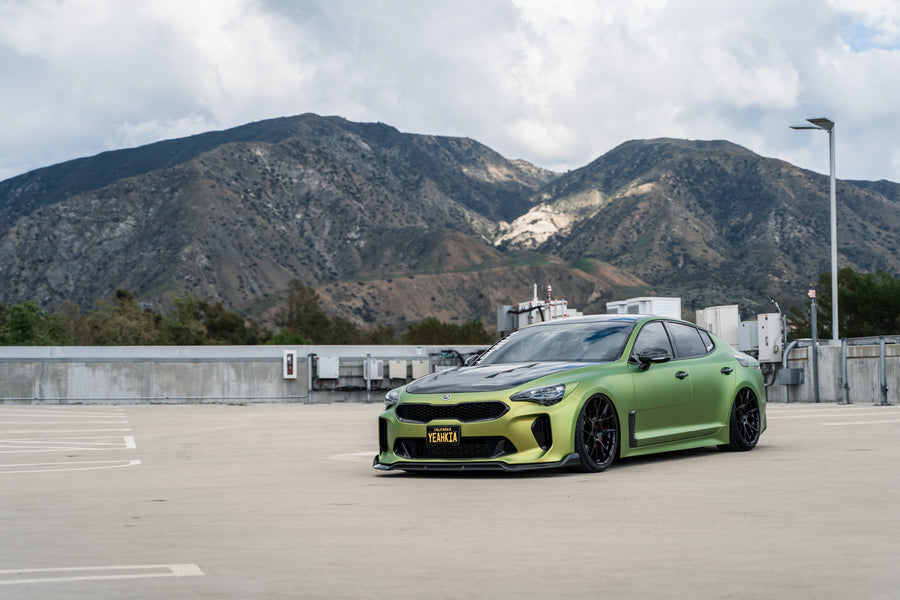 A 2019 Bagged Kia Stinger GT on 20 Inch Blaque Diamond BD-F18 Gloss Black Wheels