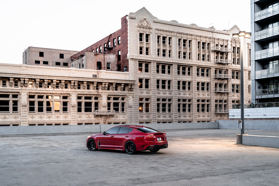 A 2019 Kia Stinger GT on 20 Inch Blaque Diamond BD-F25 Gloss Black Wheels