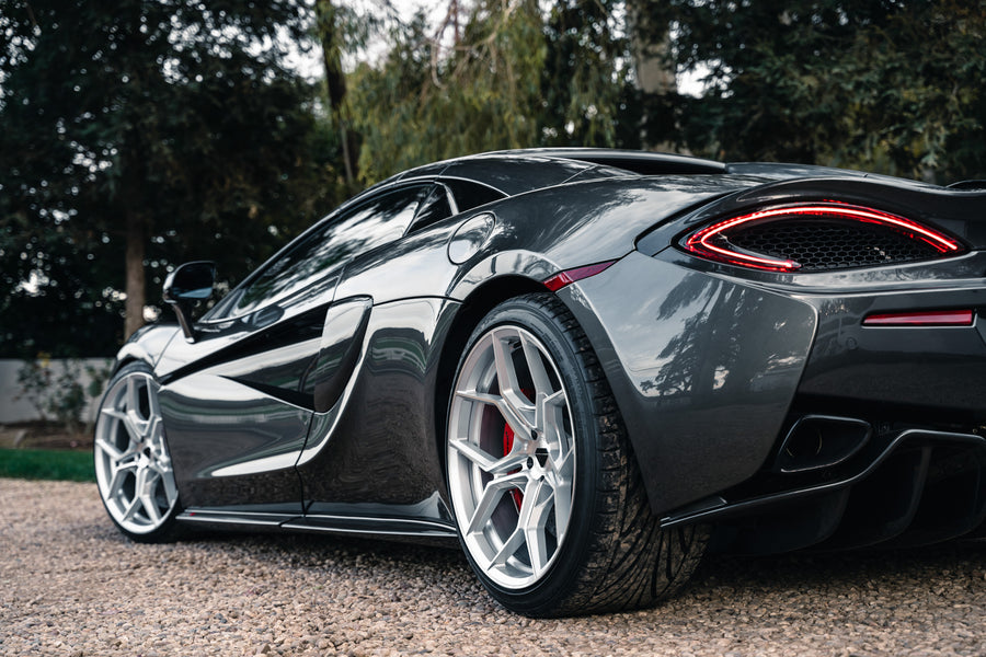 A 2019 McLaren 570s on 20 Inch Blaque Diamond BD-F25 Brushed Silver Wheels
