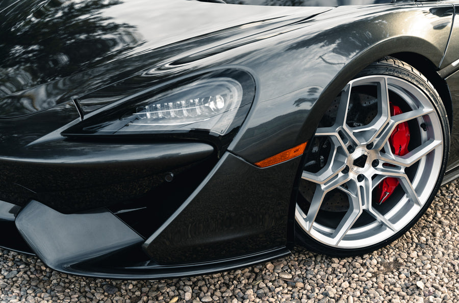 A 2019 McLaren 570s on 20 Inch Blaque Diamond BD-F25 Brushed Silver Wheels