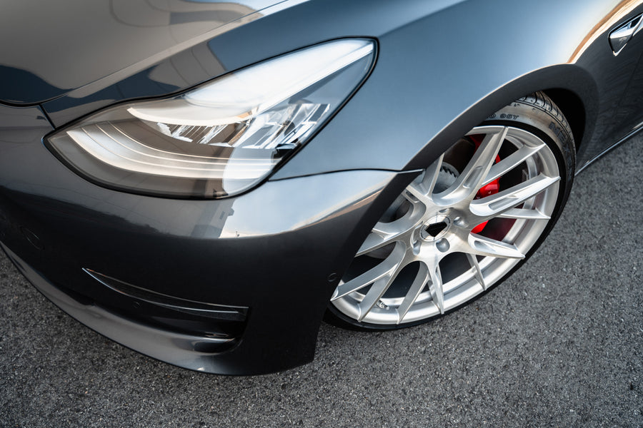 A 2019 Tesla Model 3 on Blaque Diamond BD-F18 Brushed Silver Wheels