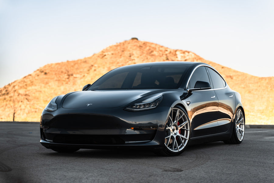 A 2019 Tesla Model 3 on Blaque Diamond BD-F18 Brushed Silver Wheels