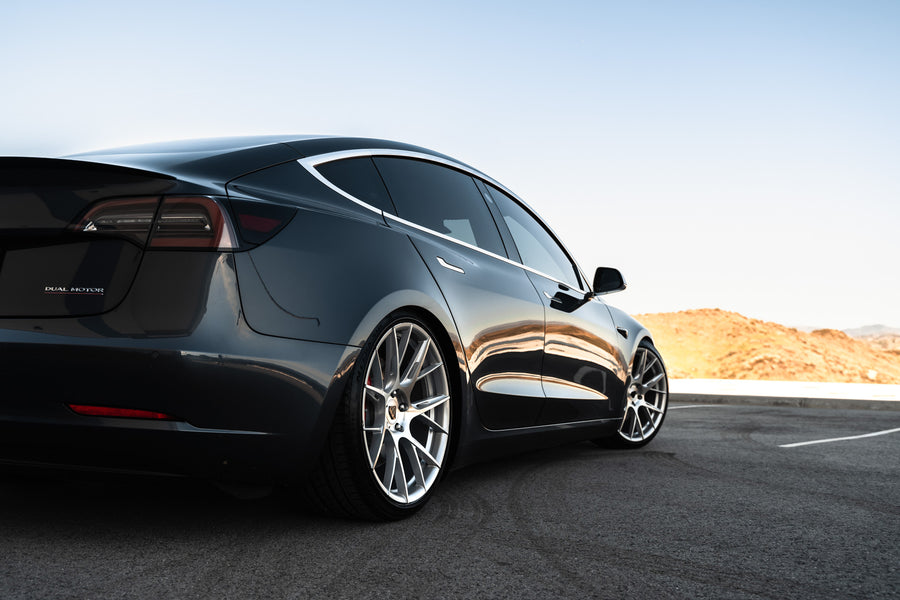 A 2019 Tesla Model 3 on Blaque Diamond BD-F18 Brushed Silver Wheels