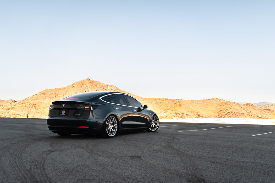 A 2019 Tesla Model 3 on Blaque Diamond BD-F18 Brushed Silver Wheels