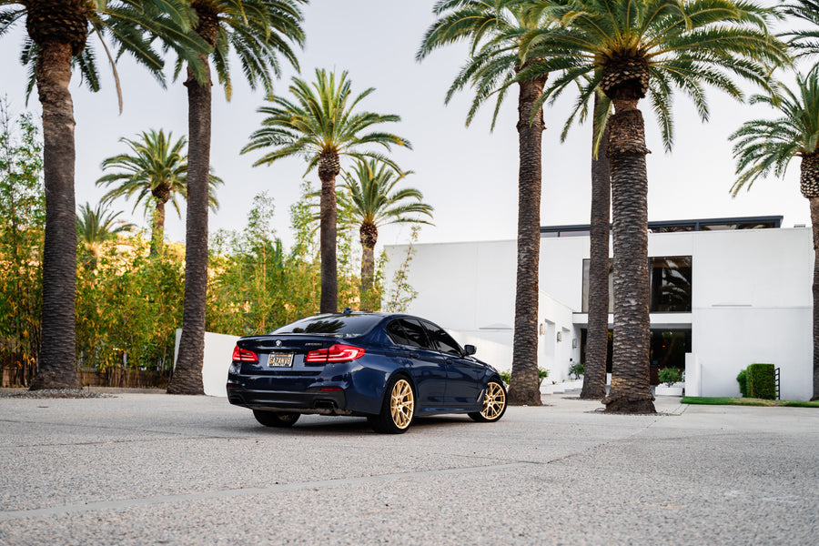 A 2020 BMW M550 on 20 Inch Blaque Diamond BD-F18 Transparent Brass Wheels