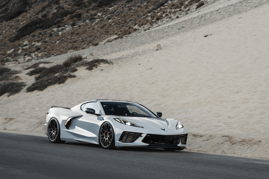 A 2020 Chevrolet Corvette C8 on Blaque Diamond BD-F12 Satin Black Wheels