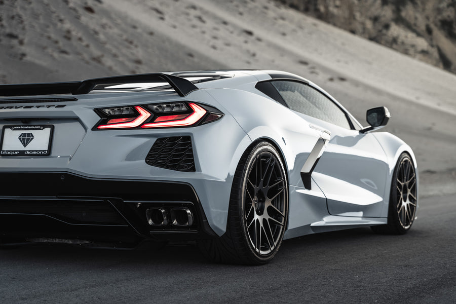 A 2020 Chevrolet Corvette C8 on Blaque Diamond BD-F12 Satin Black Wheels