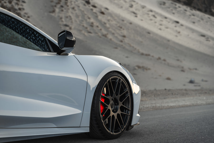 A 2020 Chevrolet Corvette C8 on Blaque Diamond BD-F12 Satin Black Wheels