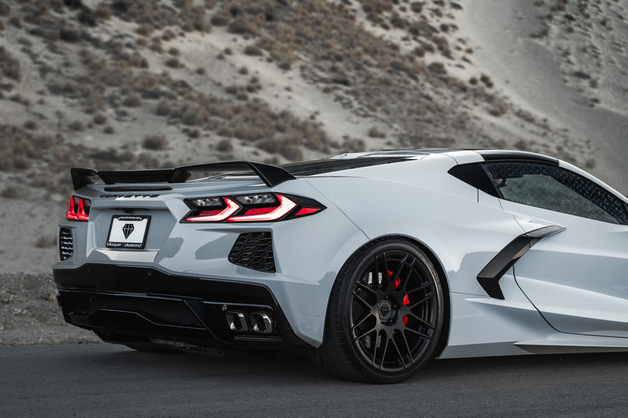 A 2020 Chevrolet Corvette C8 on Blaque Diamond BD-F12 Satin Black Wheels