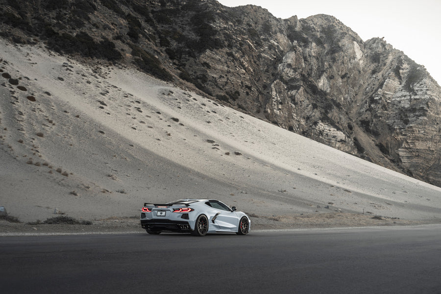A 2020 Chevrolet Corvette C8 on Blaque Diamond BD-F12 Satin Black Wheels