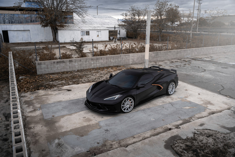 A 2021 Chevrolet Corvette C8 on Blaque Diamond BD-F20 Brushed Silver Wheels