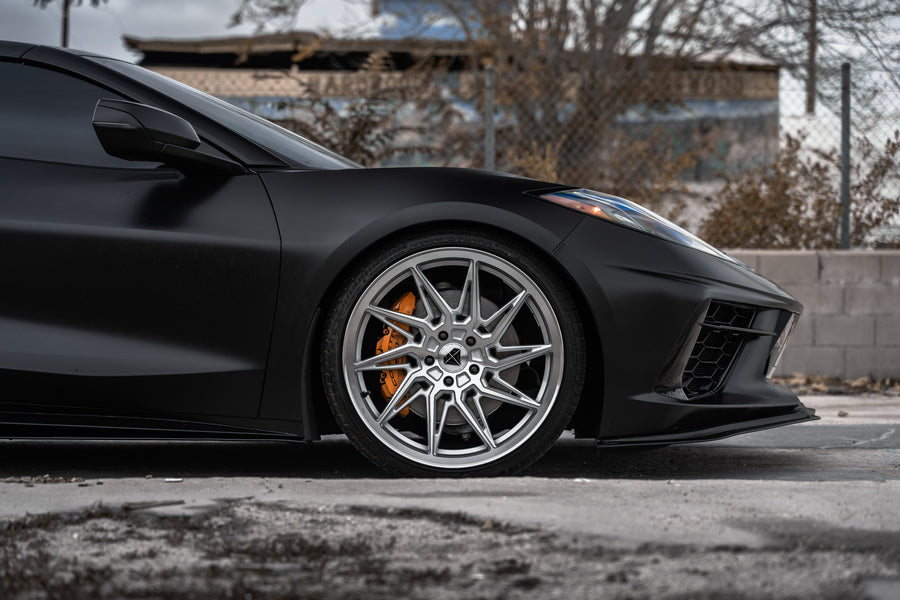 A 2021 Chevrolet Corvette C8 on Blaque Diamond BD-F20 Brushed Silver Wheels